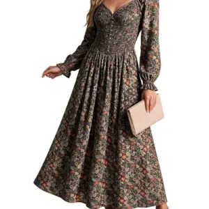 LERASON Women's Fall Boho Long Sleeve Sweetheart V Neckline Maxi Dress