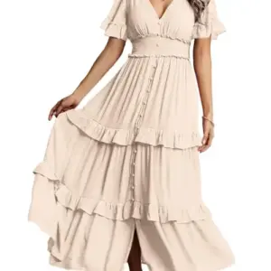 Women's V Neck Long Sleeve Boho Maxi Dress