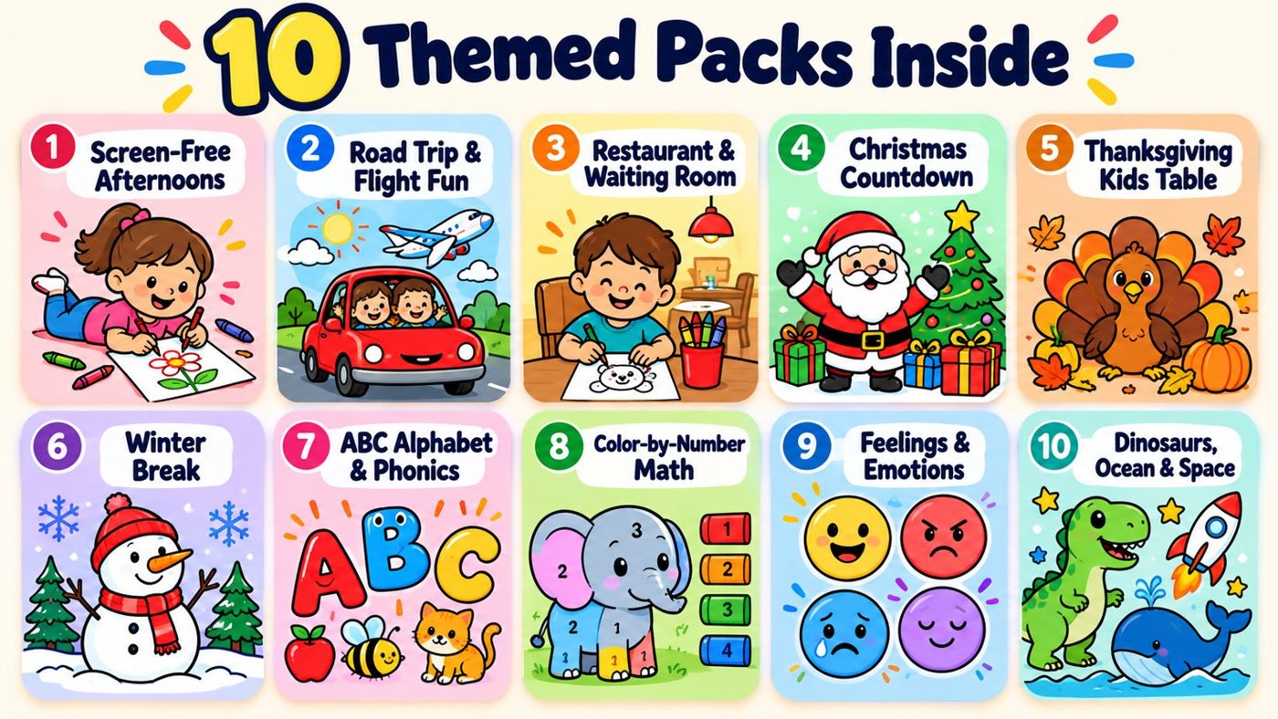 Kids coloring bundle 10 packs 2 The 10 themed coloring packs inside the bundle