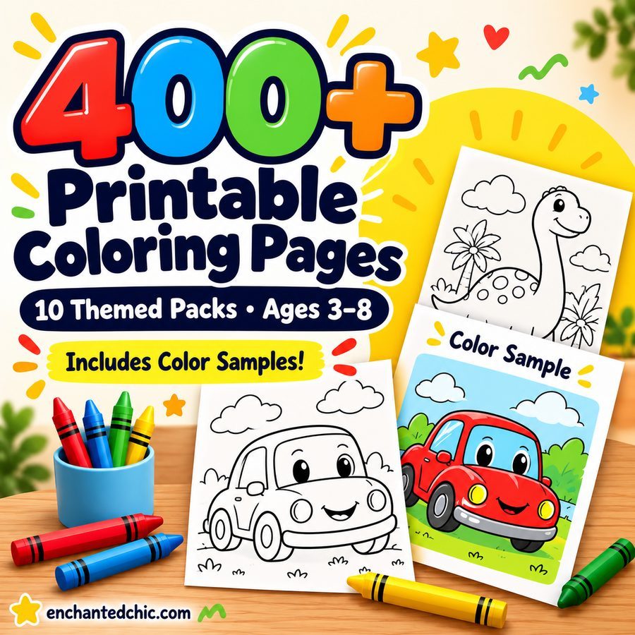 Kids coloring bundle 10 packs 1 400+ printable coloring pages for kids with color samples, 10 themed packs for ages 3 to 8